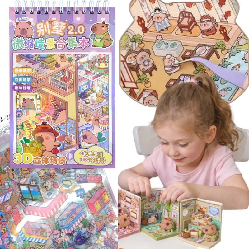 Układanka Wyklejanka Domki Scenki Kreatywne 3D antystresowa naklejki pęseta Kapibara