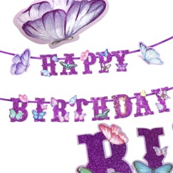 Zestaw dekoracji urodzinowych Motyle z banerem Happy Birthday i 9 balonami