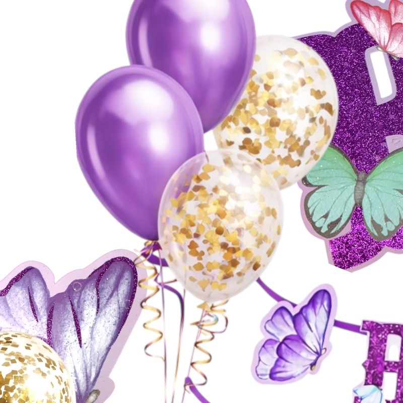 Zestaw dekoracji urodzinowych Motyle z banerem Happy Birthday i 9 balonami