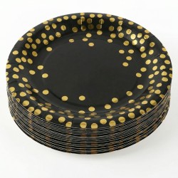 Czarne talerzyki papierowe 23cm ze złotym konfetti 10szt