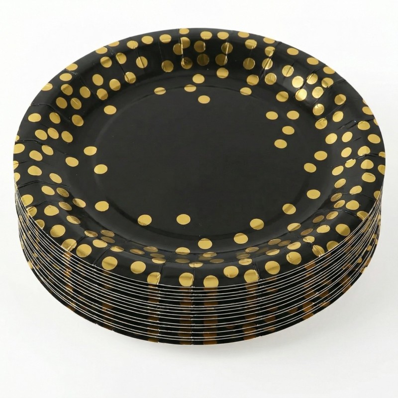 Czarne talerzyki papierowe 23cm ze złotym konfetti 10szt