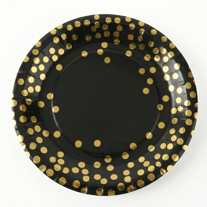 Czarne talerzyki papierowe 23cm ze złotym konfetti 10szt