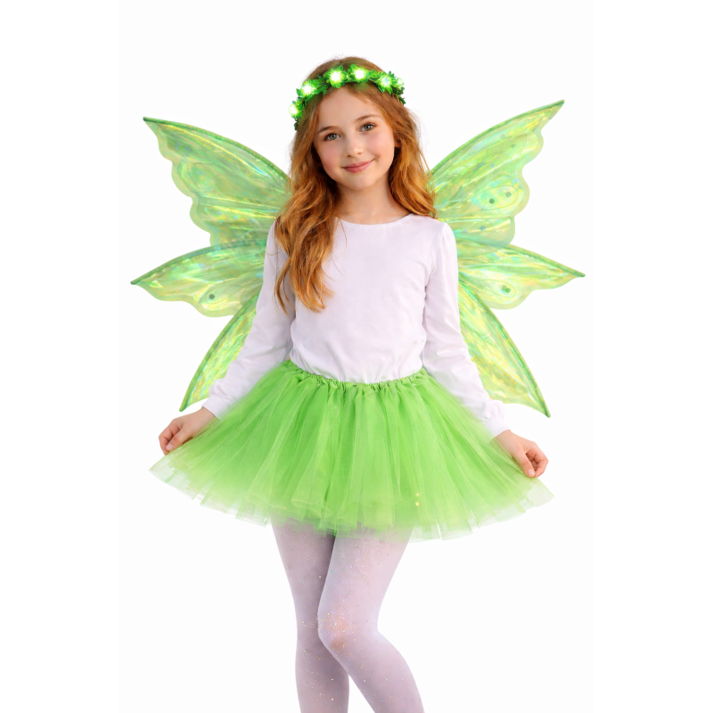 Strój Wróżka Zielona z Tiulową Spódniczką i Wiankiem LED