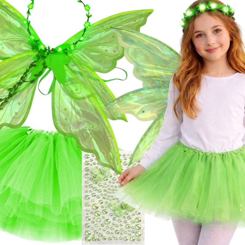 Strój Wróżka Zielona z Tiulową Spódniczką i Wiankiem LED