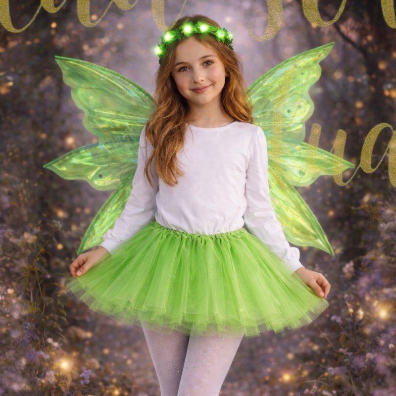 Strój Wróżka Zielona z Tiulową Spódniczką i Wiankiem LED