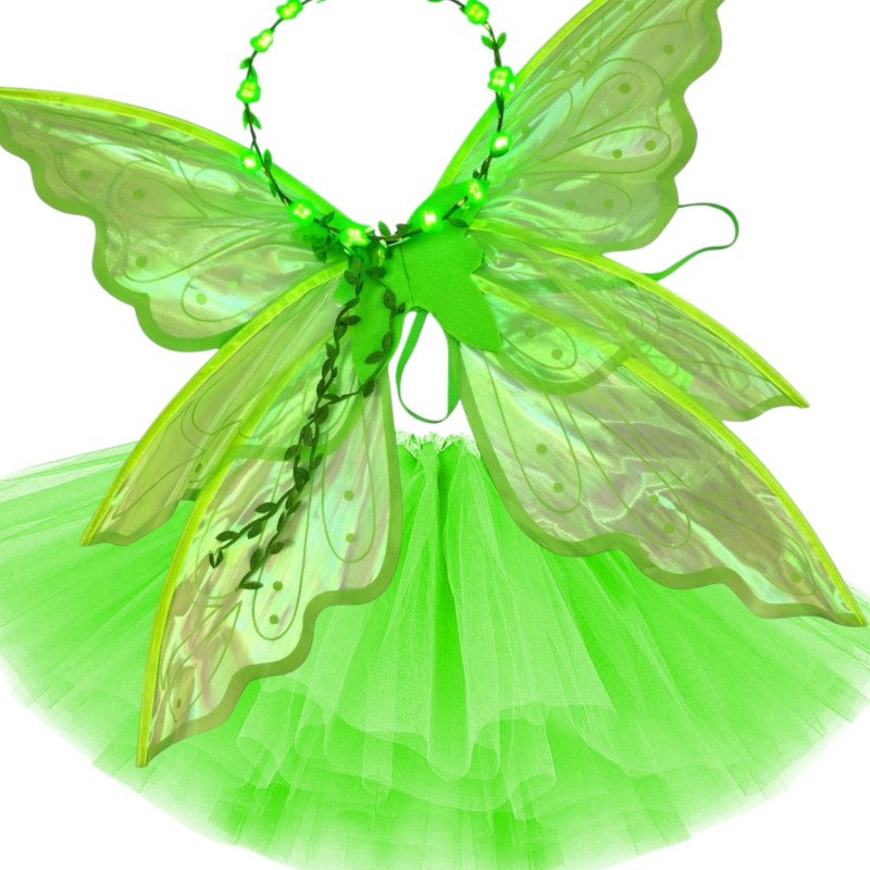 Strój Wróżka Zielona z Tiulową Spódniczką i Wiankiem LED