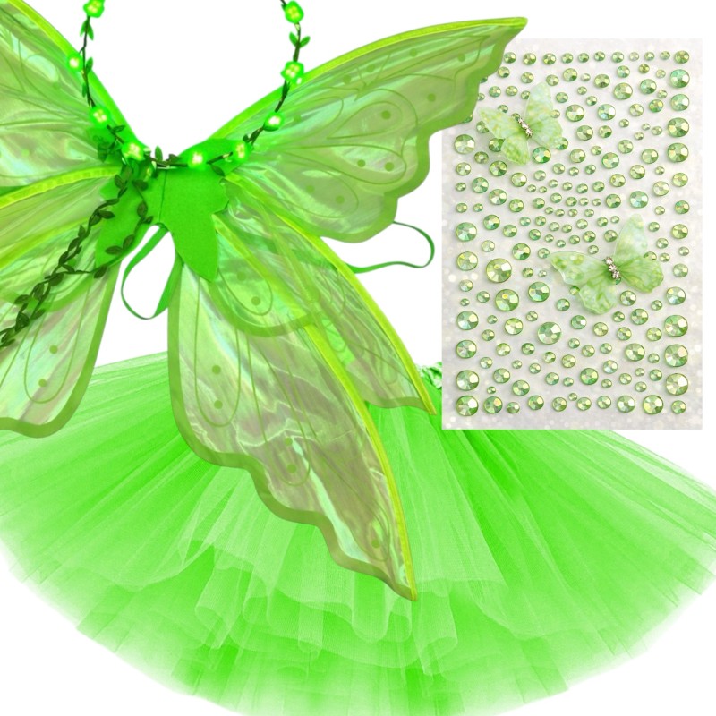 Strój Wróżka Zielona z Tiulową Spódniczką i Wiankiem LED