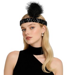 Czarna opaska z piórem styl Lata 20 Gatsby Prohibicja Jazz Cekiny Charlston Karnawał