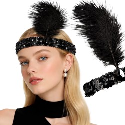 Czarna opaska z piórem styl Lata 20 Gatsby Prohibicja Jazz Cekiny Charlston Karnawał