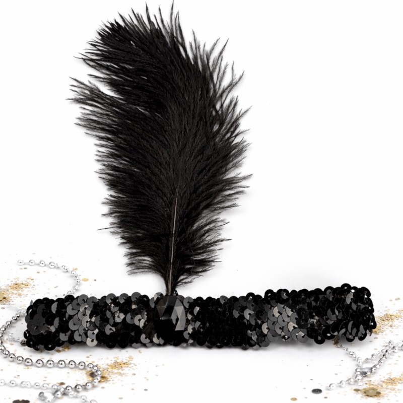 Czarna opaska z piórem styl Lata 20 Gatsby Prohibicja Jazz Cekiny Charlston Karnawał