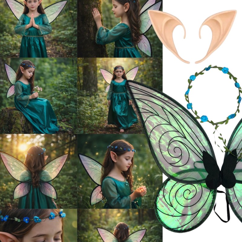 Strój Elfa Wróżki dla Dziecka z Uszkami i Skrzydłami