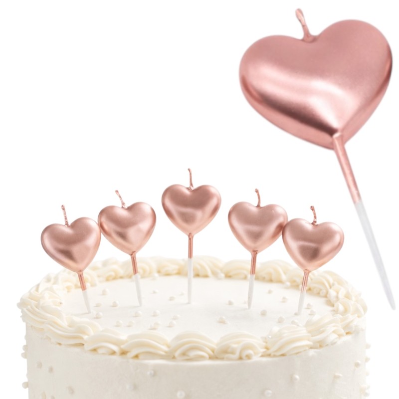 Świeczki serca 5 sztuk różowe złoto na tort
