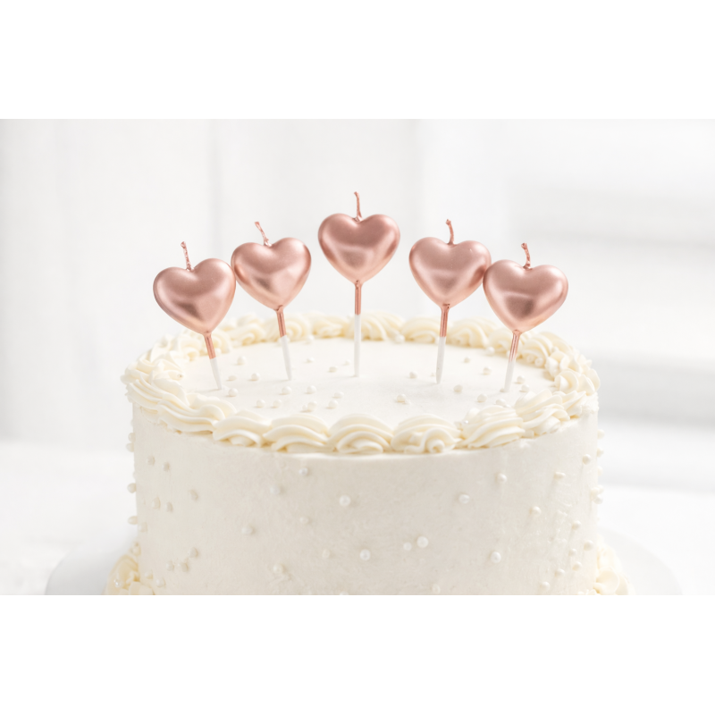 Świeczki serca 5 sztuk różowe złoto na tort