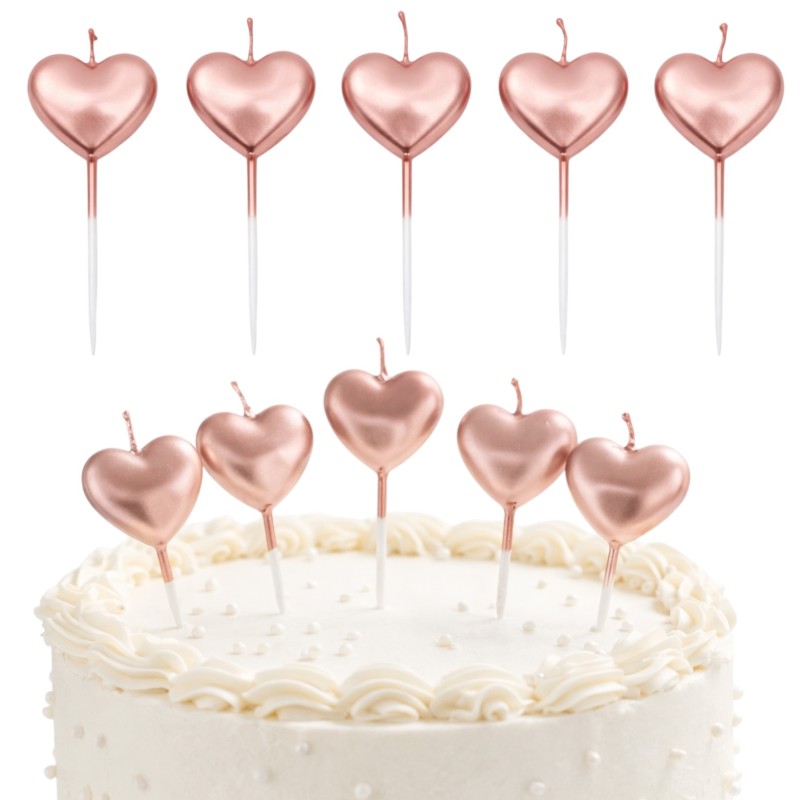Świeczki serca 5 sztuk różowe złoto na tort