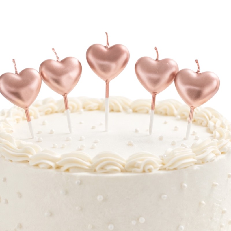 Świeczki serca 5 sztuk różowe złoto na tort