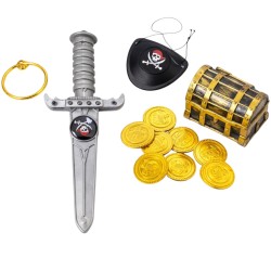 Zestaw akcesoriów pirat: sztylet, oko, monety, skrzynka