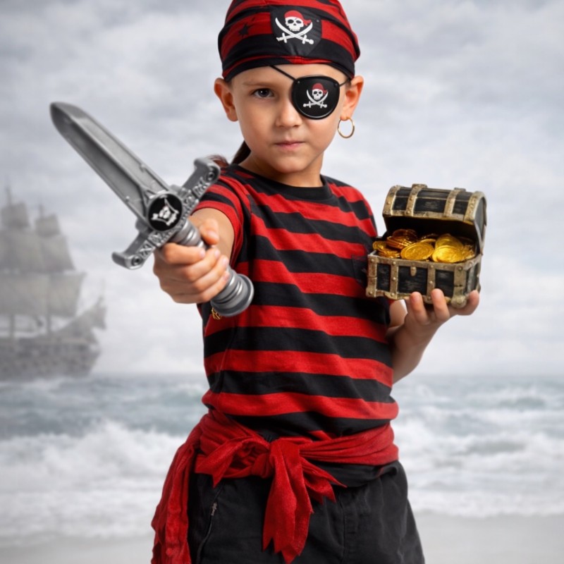 Zestaw akcesoriów pirat: sztylet, oko, monety, skrzynka