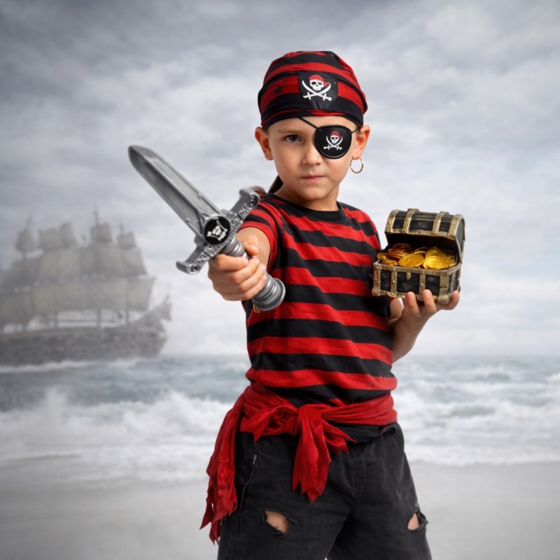 Zestaw akcesoriów pirat: sztylet, oko, monety, skrzynka
