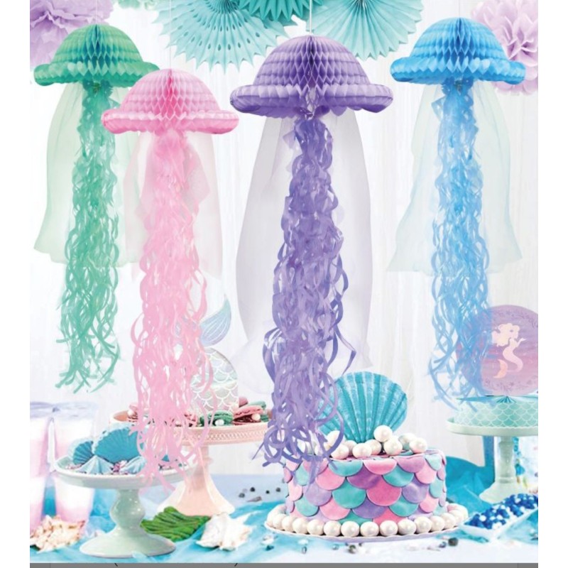 Dekoracja meduza papierowa z tiulem fioletowa 23x90 cm