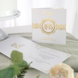 IHS Zaproszenie na komunię biało-złote Pierwsza Komunia Święta