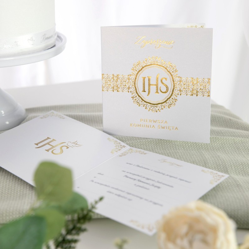 IHS Zaproszenie na komunię biało-złote Pierwsza Komunia Święta