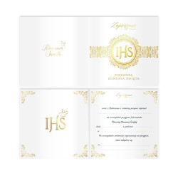 IHS Zaproszenie na komunię biało-złote Pierwsza Komunia Święta