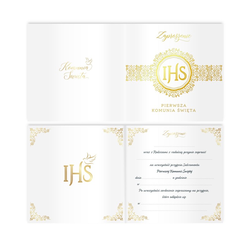 IHS Zaproszenie na komunię biało-złote Pierwsza Komunia Święta