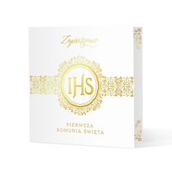 IHS Zaproszenie na komunię biało-złote Pierwsza Komunia Święta