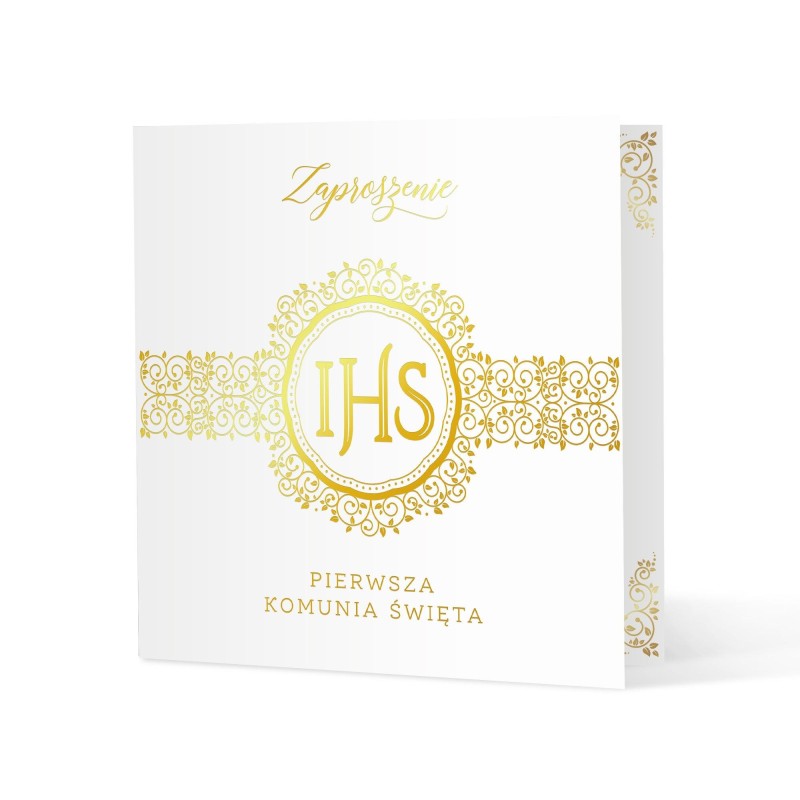 IHS Zaproszenie na komunię biało-złote Pierwsza Komunia Święta