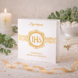 IHS Zaproszenie na komunię biało-złote Pierwsza Komunia Święta