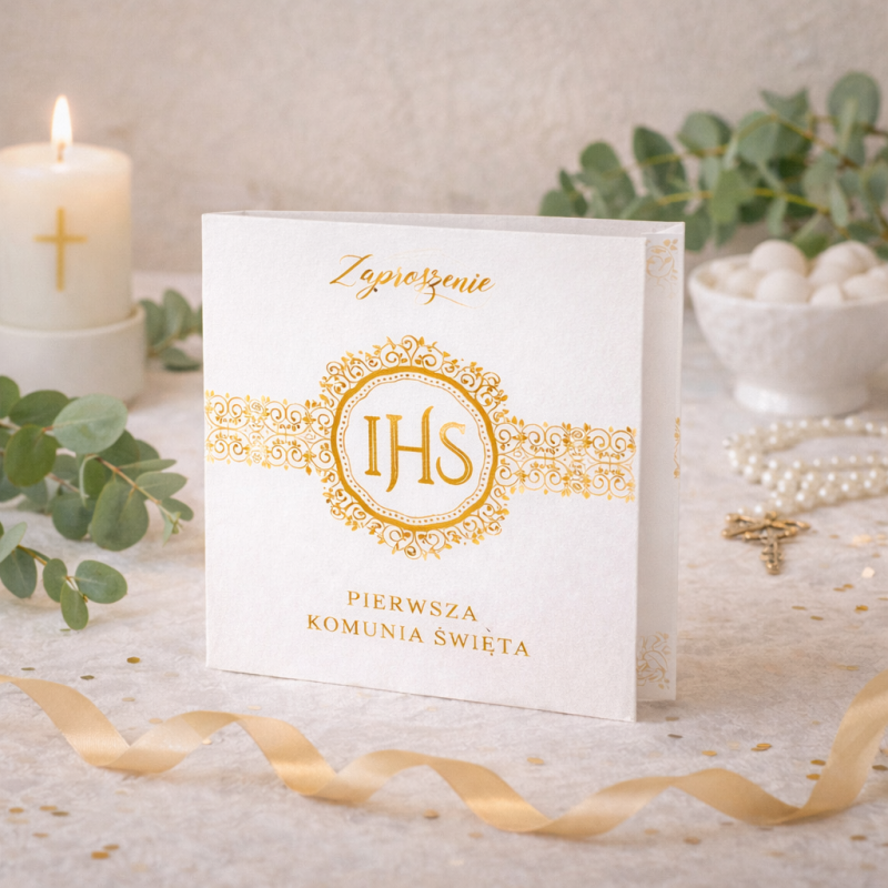 IHS Zaproszenie na komunię biało-złote Pierwsza Komunia Święta