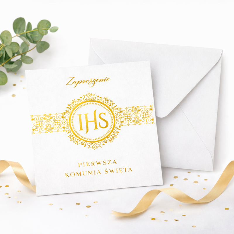 IHS Zaproszenie na komunię biało-złote Pierwsza Komunia Święta