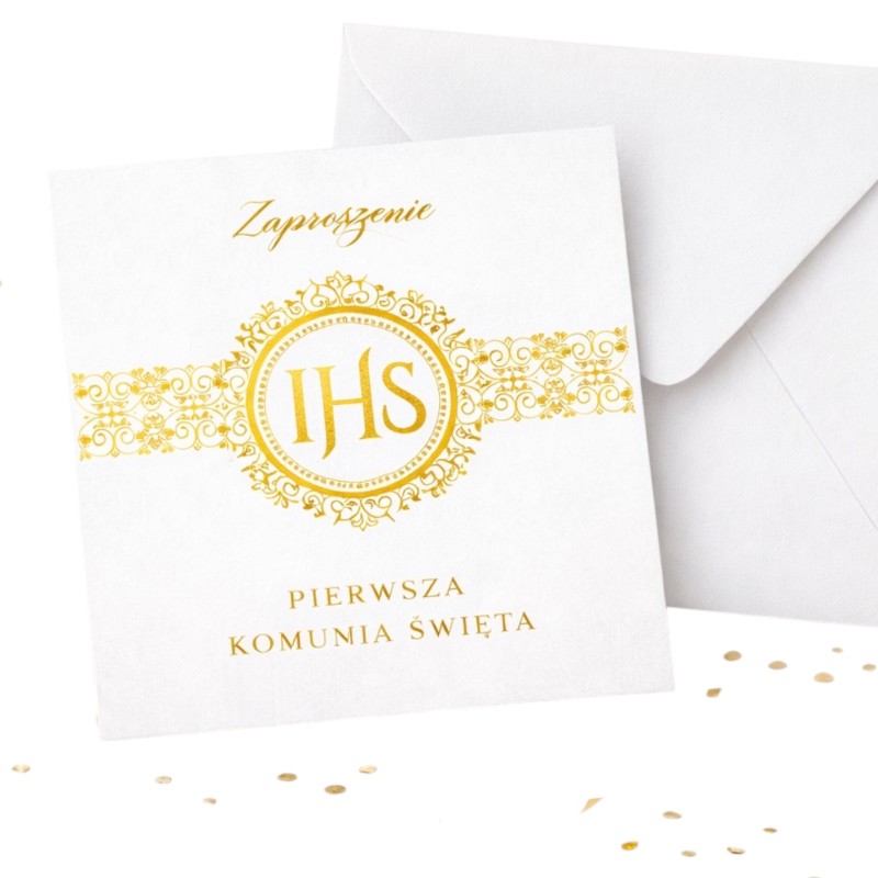 IHS Zaproszenie na komunię biało-złote Pierwsza Komunia Święta