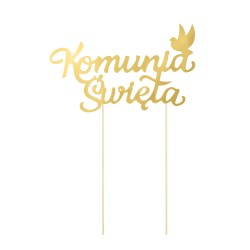Topper na tort Komunia Święta złoty z gołąbkiem