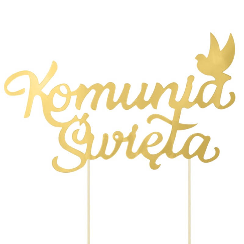 Topper na tort Komunia Święta złoty z gołąbkiem