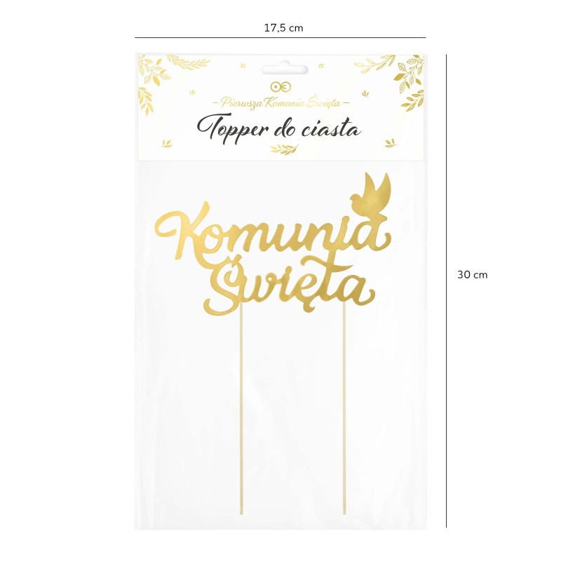 Topper na tort Komunia Święta złoty z gołąbkiem