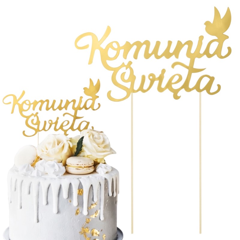 Topper na tort Komunia Święta złoty z gołąbkiem