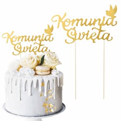 Topper na tort Komunia Święta złoty z gołąbkiem