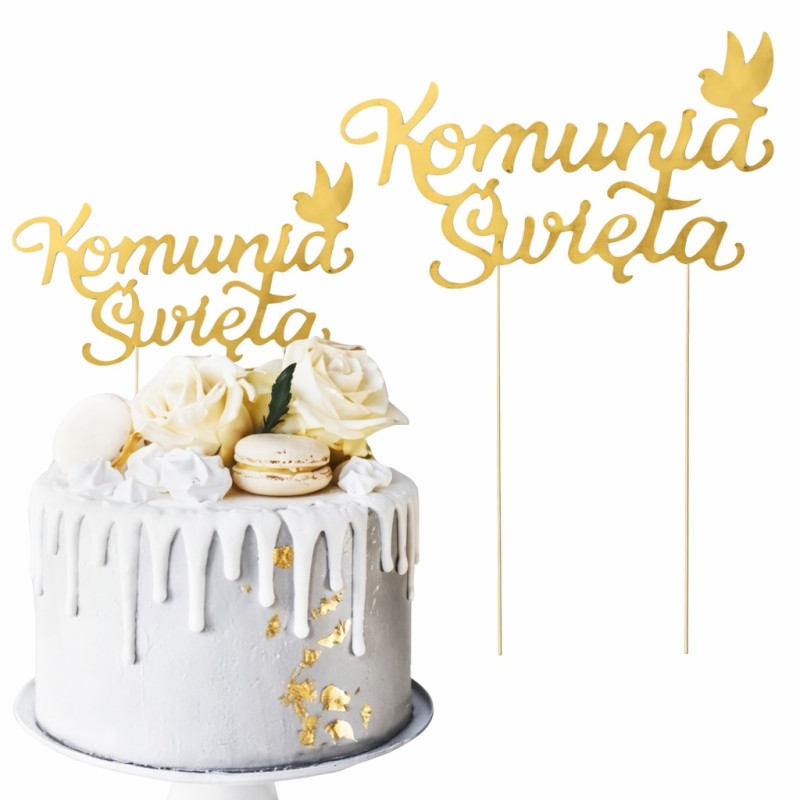 Topper na tort Komunia Święta złoty z gołąbkiem