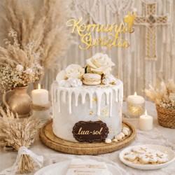 Topper na tort Komunia Święta złoty z gołąbkiem