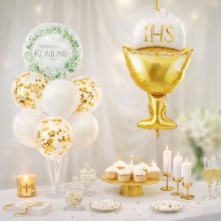 Zestaw Balonów Komunijnych Złoto-Biały IHS Kielich