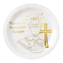Talerzyki papierowe Pierwsza Komunia Święta IHS biało złote 6 szt.