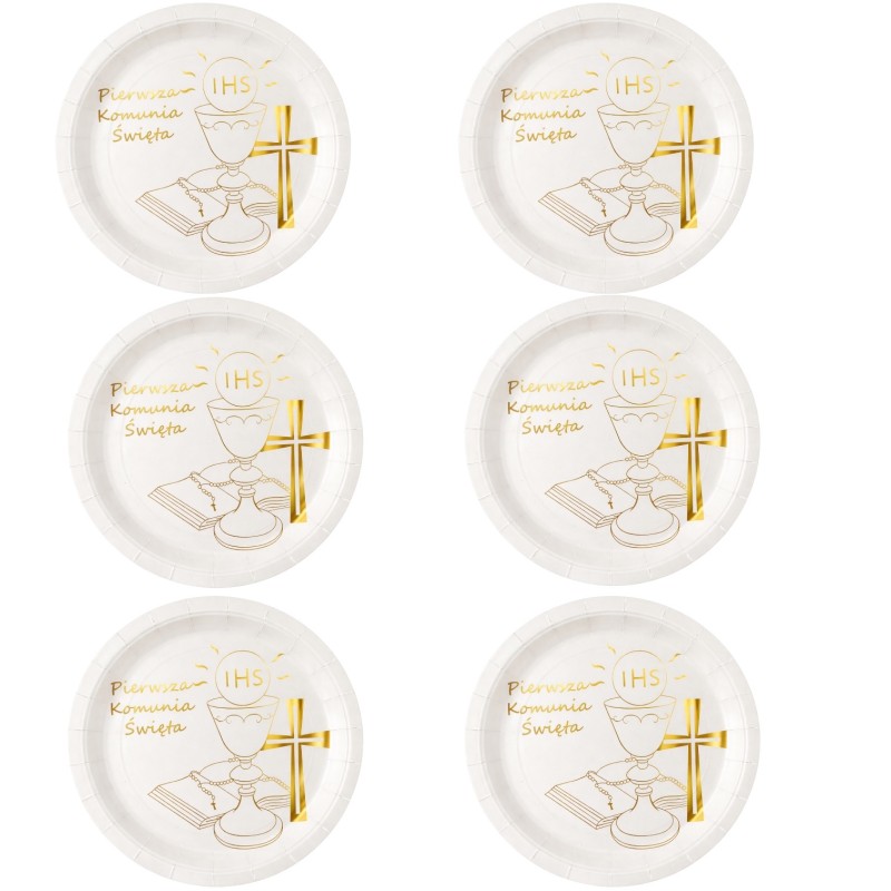 Talerzyki Pierwsza Komunia Święta IHS biało-złote 22,5 cm 6 szt.