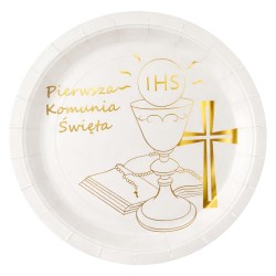 Talerzyki Pierwsza Komunia Święta IHS biało-złote 22,5 cm 6 szt.