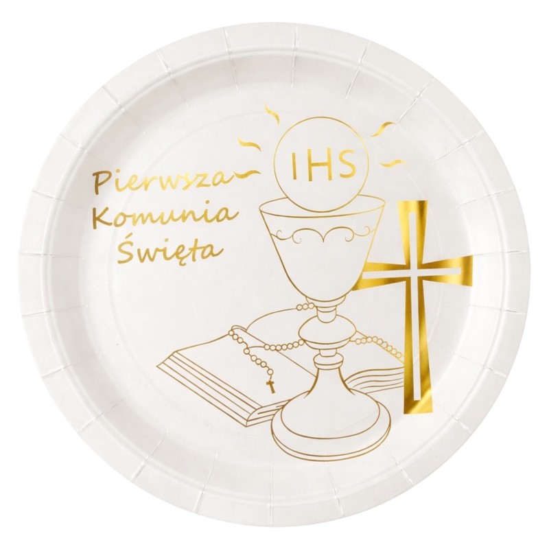 Talerzyki Pierwsza Komunia Święta IHS biało-złote 22,5 cm 6 szt.