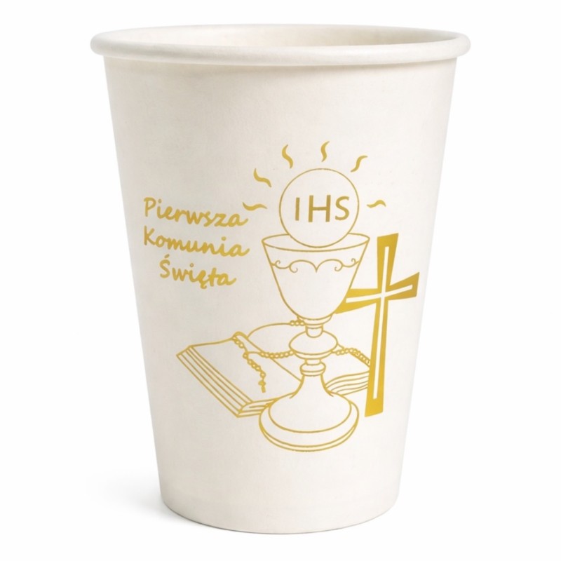 Kubeczki papierowe Pierwsza Komunia Święta IHS biało złote 6 szt.