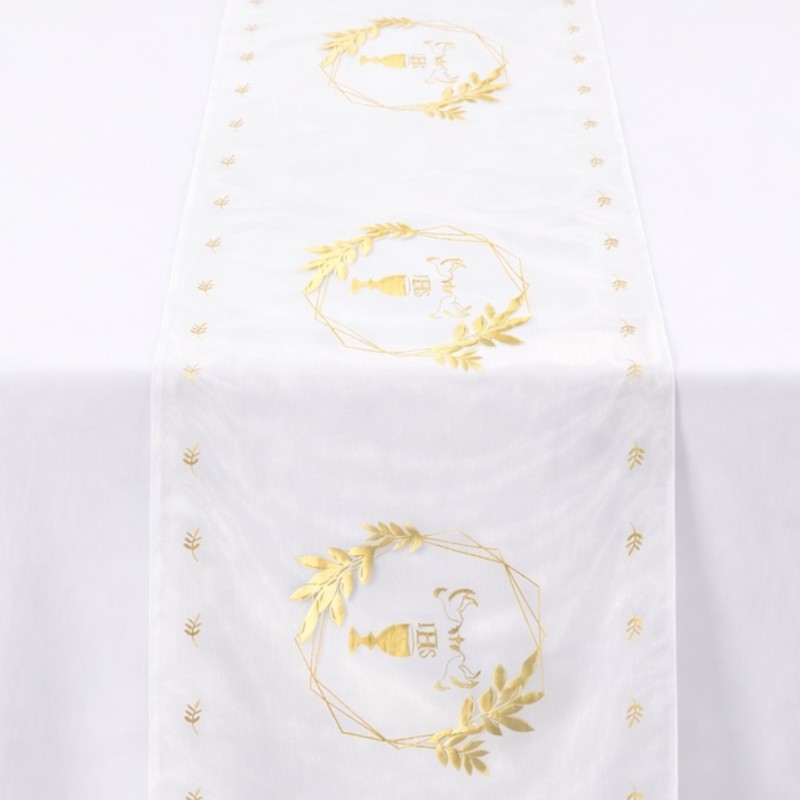 Zestaw komunijny dekoracja stołu IHS z bieżnikiem, serwetkami i kieszonkami