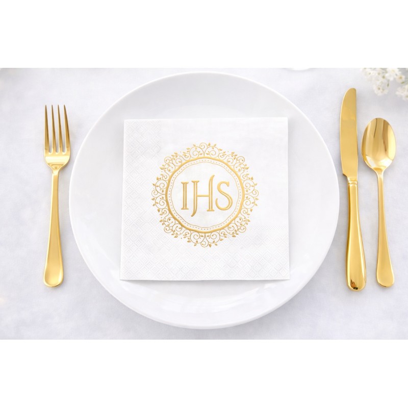 Zestaw komunijny dekoracja stołu IHS z bieżnikiem, serwetkami i kieszonkami