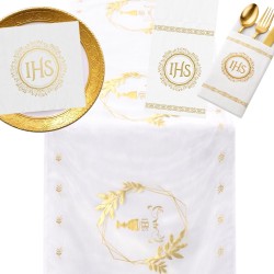 Zestaw komunijny dekoracja stołu IHS z bieżnikiem, serwetkami i kieszonkami