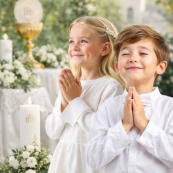 Zestaw komunijny dekoracja stołu IHS z bieżnikiem, serwetkami i kieszonkami